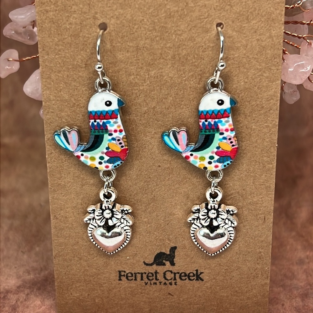 Handmade enamel colorful bird silver SACRED HEART Mexican inspired earrings